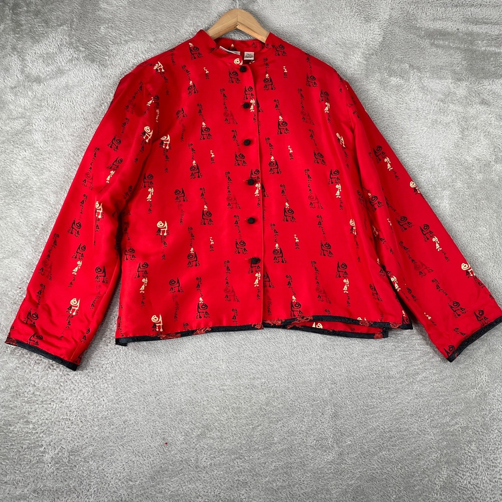 Chico's Design Silk Jacket Womens Large Red Calligraphy Art To Wear Asian Boho